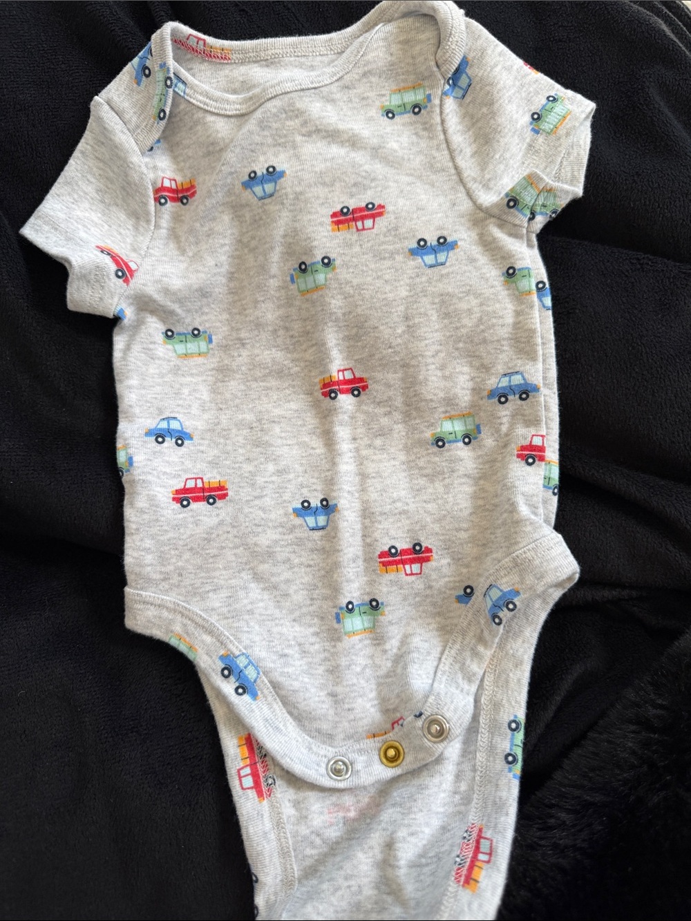 Gray Baby One-Piece with Colorful Car Print
